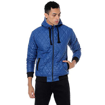 Campus Sutra Mens Black Solid Quilted Puffer Regular Fit Bomber Jacket for Winter Wear | Hooded Collar | Full Sleeve | Zipper |