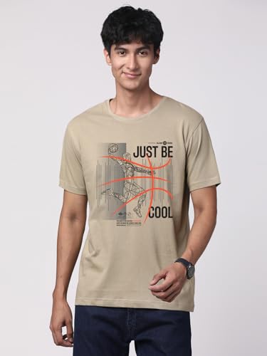 ADRO Men's Graphic Printed 100% Cotton T-Shirt - Regular Fit, Printed T-Shirts for Men (RN24-BCL-BE_Beige)