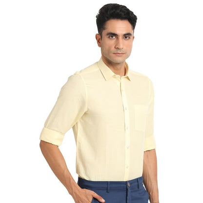 Turtle Men Cotton Linen Slim Fit Cream Solid Formal Shirt