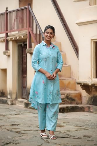 Leriya Fashion Women's Co-ord Set, Elegant Kurta, 3/4 Sleeve, Medium, Blue, Model LF-W2091&TR1051