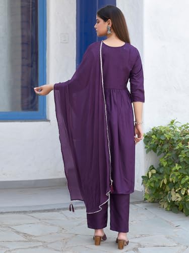 Sanisa Women's Art Silk Sequence Embroidery Work Alia Cut Kurta with Pant and Dupatta Set