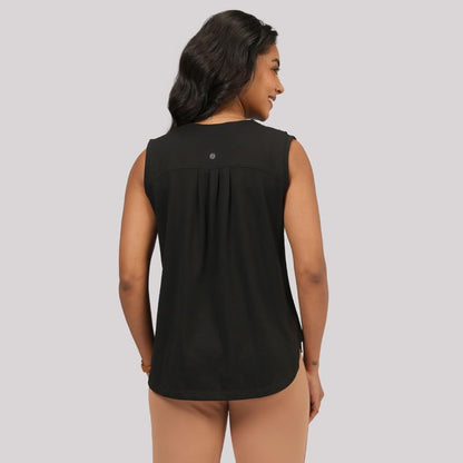 BlissClub Cotton Pro Sleeveless Work Top | Shoulder Pleats | V-Neck Design | Cotton-Poly-Modal Blend | Breathable Fabric | Moist