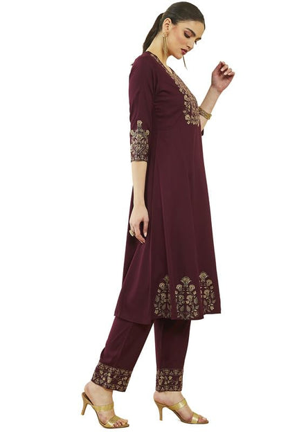 Soch Womens Wine Rayon Floral Embroidered Round-Neck Kali Kurta Sets