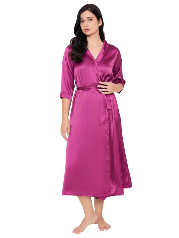 Clovia Womens Satin Solid Robe (NS6462R14_Pink_S)