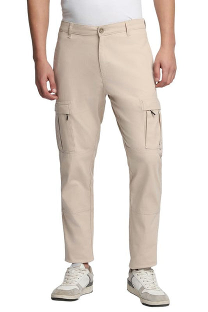 Dennis Lingo Mens Solid Cotton Lycra Mid Rise Slim Fit Cargo Trousers Cream