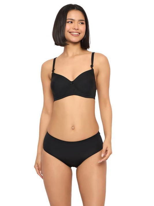 Clovia Womens Polyamide Solid Padded Full Cup Wire Free T-Shirt Bra & Mid Waist Hipster Panty (COMBBP111_Black_38C)