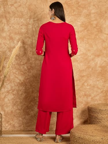 ZIYAA Women's Red Rayon Kurta and Palazzo Set (ZIKURY2868ANDPL-RL5)