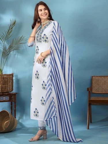 Tee Projekt WomenS Cotton Blend Floral Printed Straight Kurta Pant With Dupatta Set Ll V Neck Kurta Set White