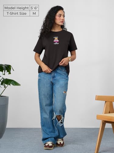 The Souled Store Inside Out: Fight Me Women and Girls Short Sleeves Round Neck Brown Embroidered Cotton Relaxed Fit T-Shirts
