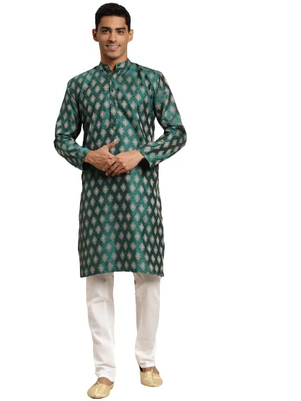 SOJANYA (Since 1958 Men's Silk Blend Dark Green & Gold Booti Jacquard ONLY Long Kurta