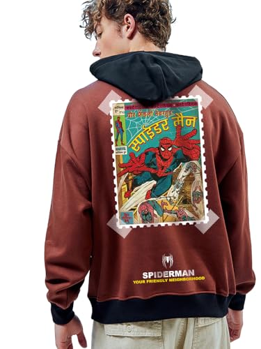 Bewakoof Official Marvel Merchandise Spider Man MenS Graphic Printed Oversized Fit Full Sleeve Fleece Hoodies_649950_Brown_S