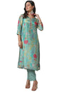 Soch Womens Turquoise Blue Botanical Print Tissue Kurta Set