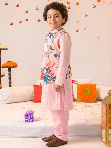Pspeaches Boys Floral Printed Pure Cotton Kurta With Pyjamas Jacket