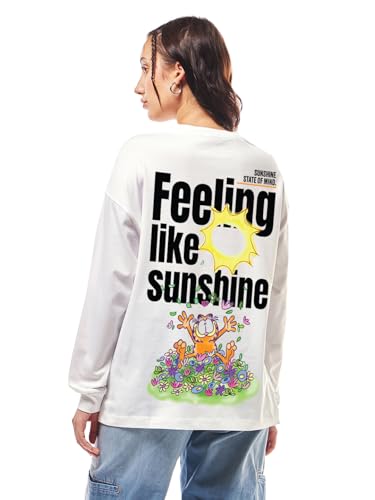 Bewakoof Official Garfield Merchandise Womens Graphic Print Oversized Fit Full Sleeve Round Neck Cotton T-Shirt_647310_White_S