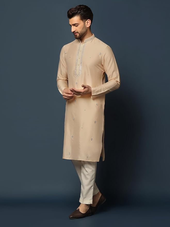 Kisah Cotton Beige Kurta For Men, Full Sleaves, Knee Length, Straight, Regular Fit, Mandarin Collar, Geometric Embroidered Mirro