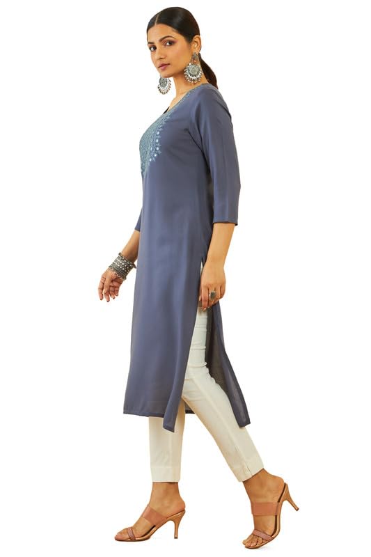 Soch Womens Dark Grey Rayon Floral Embroidered Round-Neck Straight Kurta