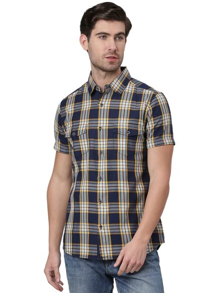 Thomas Scott Mens Checkered Slim Fit 100% Cotton Casual Shirt with Half Sleeve Indigo
