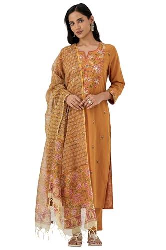 Gosriki WomenS Rayon Viscose Embroidery Straight Kurta Pant With Dupatta (Karabi Mustard-Gs_S_Mustard_Small)
