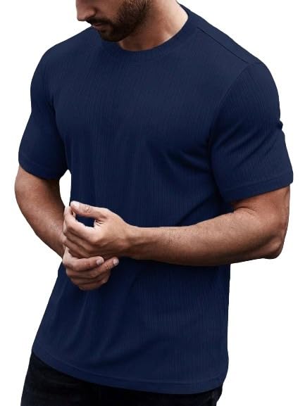 SMOWKLY Mens Solid Regular Fit T-Shirt (1283_Navy Blue