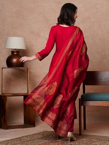 GoSriKi Anarkali Kurta Set, Rayon Blend, Medium, Red, with Trousers & Dupatta, Model MAGIC-NDM-GS