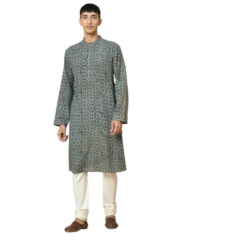 Fabindia MenS Cotton Printed Slim Fit Kurta (1007170Blue_Blue And Grey