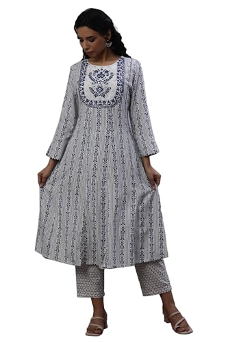 W for Woman W Women Blue Festive Floral Print Rayon Flared Kurta