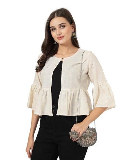 Style Quotient Women Solid Texture Ivory Peplum Fit Open Front Waist Length Shrug