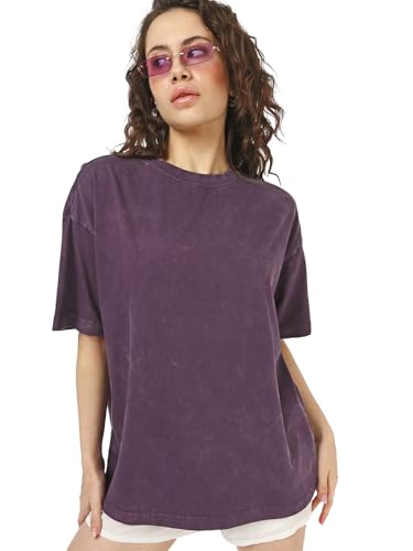 Bewakoof Womens Self Design Oversized Fit Half Sleeve Round Neck Pure Cotton T-Shirt_676088_Purple_S