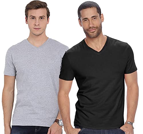 ADRO Men's V Neck Combo Plain Cotton T-Shirts_VCM2-PLN-BL-GR-XL Black, Grey