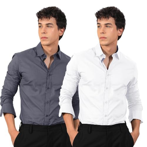 Pinkmint Mens Long Sleeve Button Down Shirt for Men Collared Casual Formal Soild Shirt Grey-White