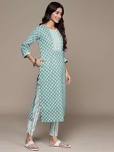 anubhutee Women's Pure Cotton Ethnic Motifs Printed Blue Kurta Suit Set with Trousers & Dupatta