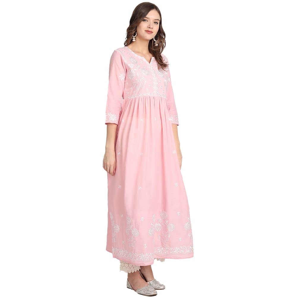 anubhutee Women Pink Floral Yoke Design Pleated Pure Cotton A-Line Kurta Suit Set with Pants
