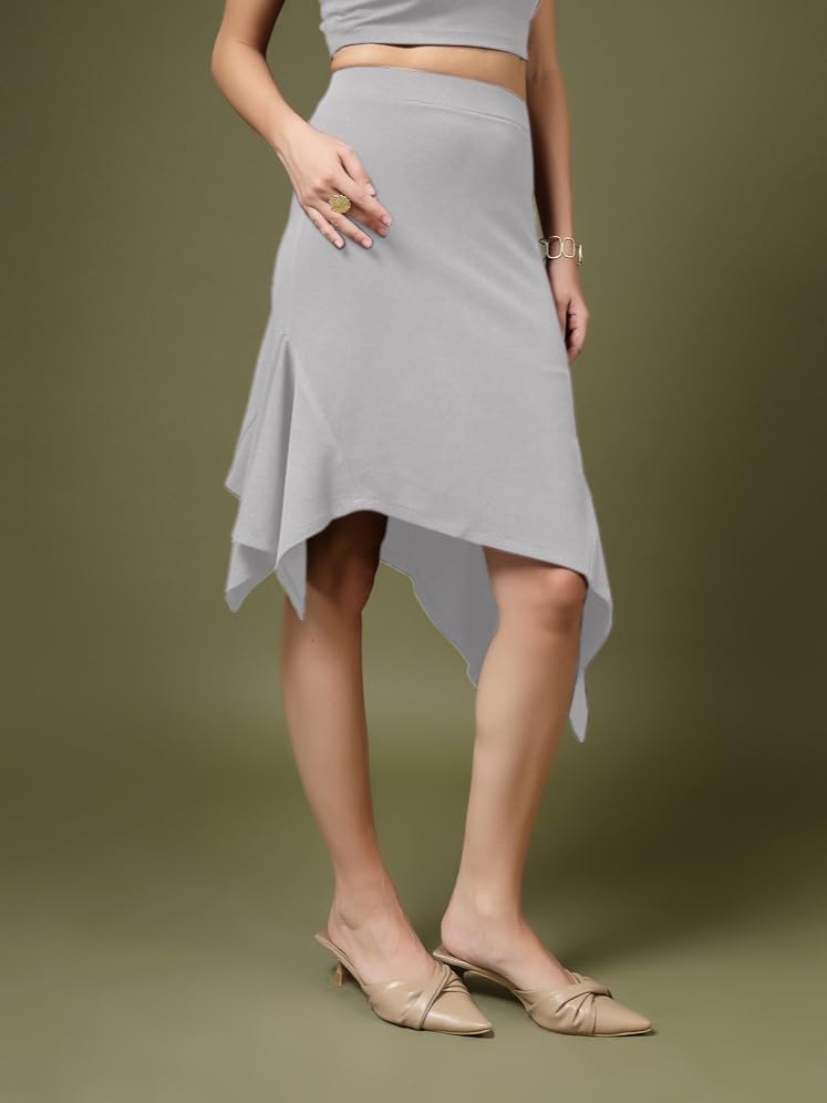 OOMPH! A-Line Handkerchief Hem Lycra Skirt for Women Grey - msk236