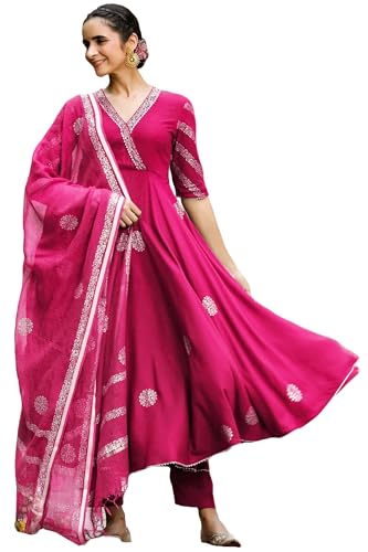 ANNI DESIGNER Womens Rayon Blend Anarkali Printed Kurta with Pant & Dupatta (Berlin PINK-VKS01_XXL_Pink_XX-Large)