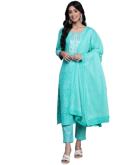 Varanga cotton bandhani printed embroidered kurta with straight pant and dupatta
