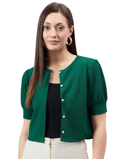 Style Quotient Women Solid Emerald Green Polyknit Casual Open Front Shrug