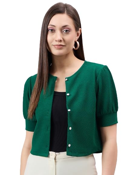 Style Quotient Women Solid Emerald Green Polyknit Casual Open Front Shrug