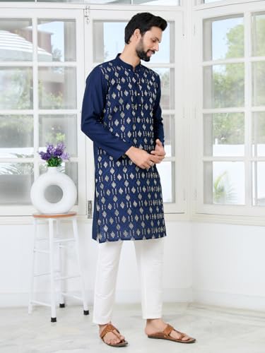 See Designs Mens Full Sleeve Mandarin Collar Blue Ethnic Motifs Embroidered Sequinned Mandarin Collar Straight Long Kurta - Fes