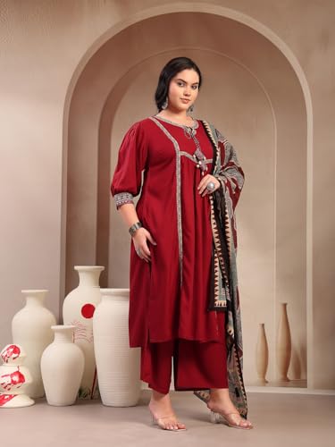 Stylum Womens Plus Size Maroon Solid Cotton Kurta Pant Dupatta Set