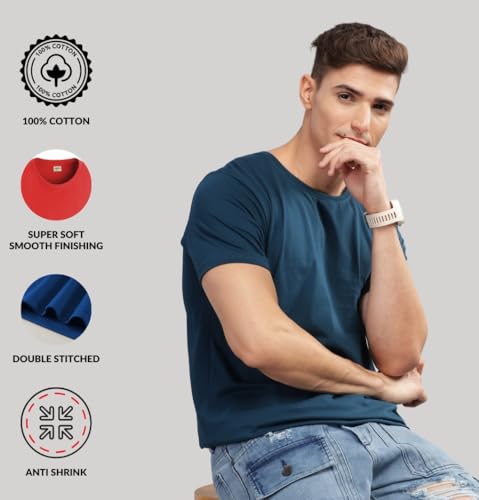 ADRO Men's Solid Regular Fit T-Shirt (RCM3-PLN-PU-SB-PT_Purple,Teal,Pista