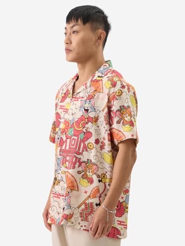 The Souled Store Official Tom & Jerry: New Year Men And Boys Short Sleeve Collared Neck Button Front Regular Fit Cotton Printed