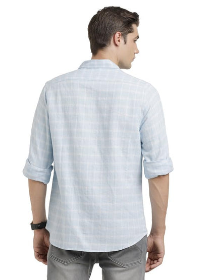Turtle Men Cotton Linen Light Blue Check Slim Fit Casual Shirt