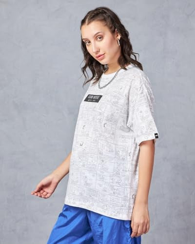 Bewakoof Air 1.0 Official Peanuts Merchandise Womens All Over Printed Oversized Fit Half Sleeve Round Neck Cotton T-Shirt_61503