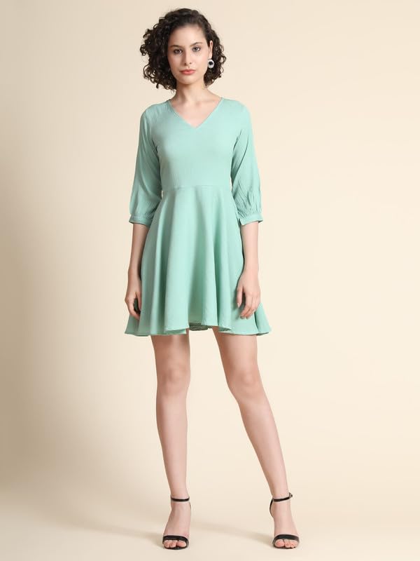 Toochki WomenS Sea Green Cotton Blend Solid Fit & Flared Western Dress | Dress For Women | A Line Dress | Winter Dress | Wester