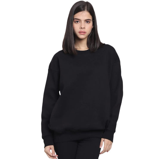 Bewakoof Heavy Duty 1.0 Womens Solid Oversized Fit Full Sleeve Round Neck Fleece Sweatshirt Black