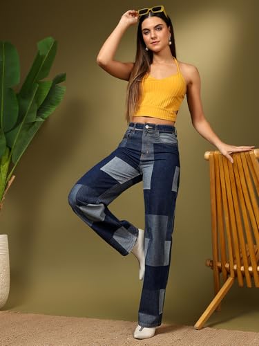 KOTTY Womens Checkered Pure Cotton Wide Leg Jeans(Blue,28)