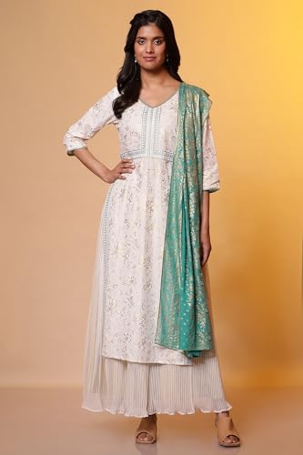 Aurelia White Floral Printed High-Slit Kurta, Pleated Skirt and Dupatta Set