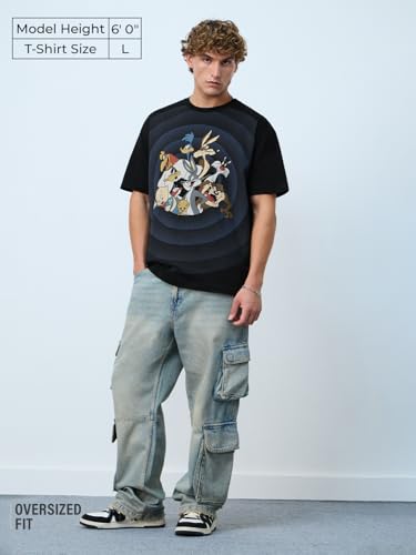 The Souled Store Looney Tunes: Going in Circles Men and Boys Short Sleeves Round Neck Black Graphic Printed Cotton Oversized T-S