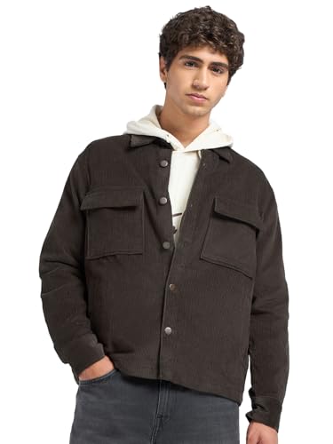 Bewakoof Men Solid Regular Fit Full Sleeve Collar Corduroy Jacket_684914_Brown_M