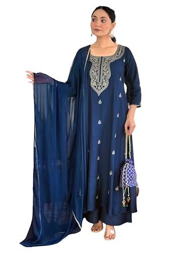 Anni Designer WomenS Viscose Silk Embroidery Straight Kurta Pant With Dupatta (Qatar Navy Blue-Vks01_Xxl_Navy Blue_Xx-Large)